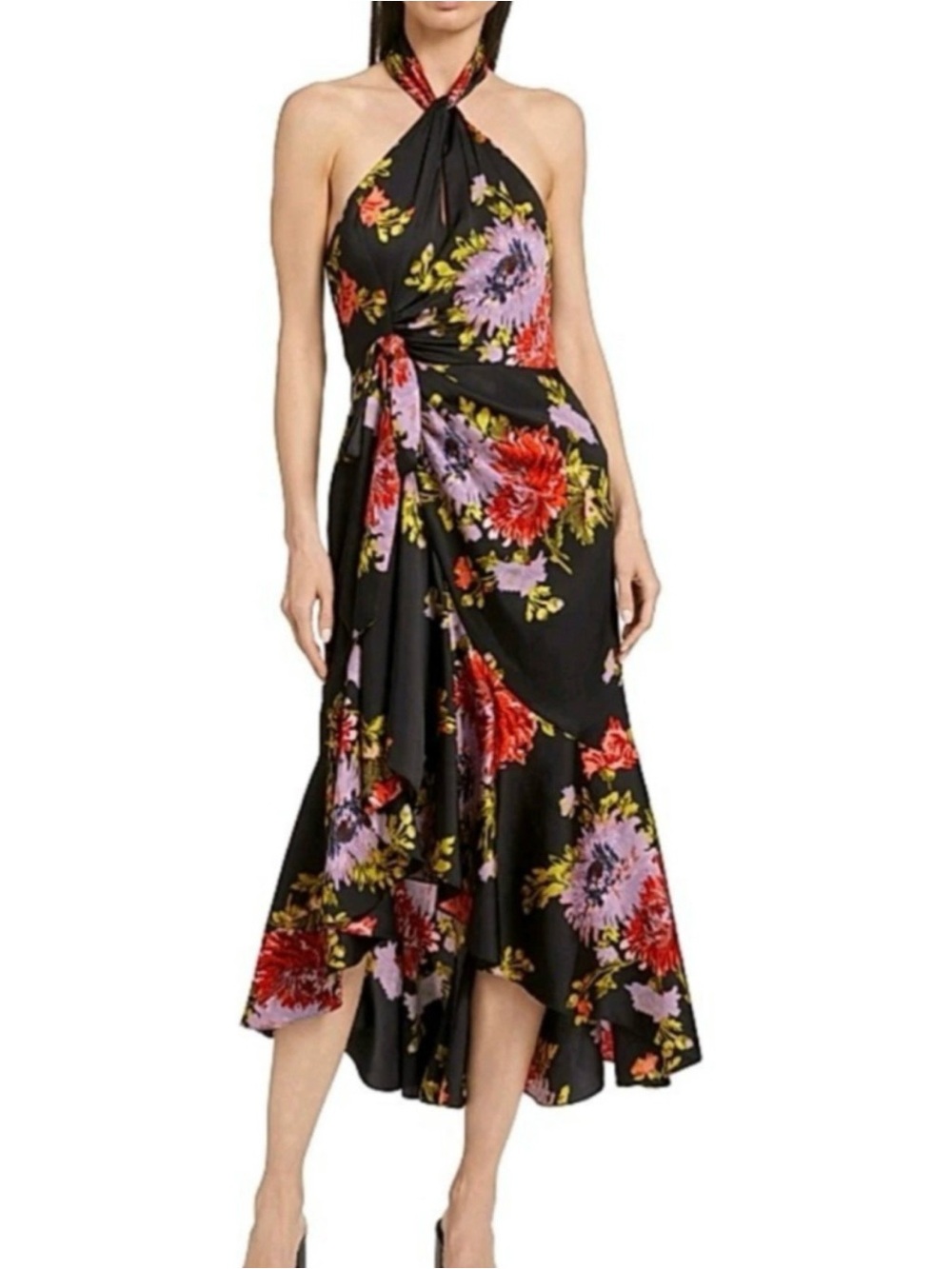 cinq a sept Black Halter Midi Dress with Red and Purple Floral Print